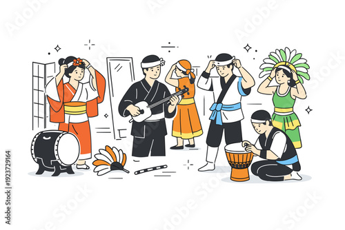 Backstage cultural performance. Performers adjusting costumes and instruments behind the curtain. Focused concentration and shared cultural pride in a calm