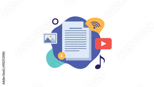Document surrounded by icons for image, video, audio, Wi-Fi, and money, symbolizing content creation, digital media, and online monetization.
