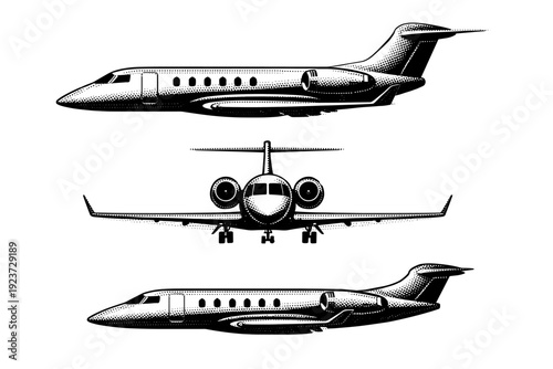 Airplane side profile private business jet. A streamlined executive jet with compact fuselage and rear-mounted engines shown as an isolated