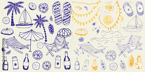 A colorful hand drawn collection of summer vacation and beach themed items