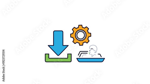 Icons featuring a download arrow, a gear, and a person in a bathtub, symbolizing data acquisition, settings, and personal care or relaxation services.