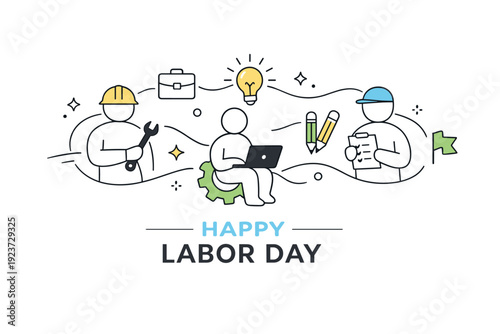 Labor Day minimal concept illustration. Abstract human figures and work-related icons connected by soft lines, symbolizing cooperation and