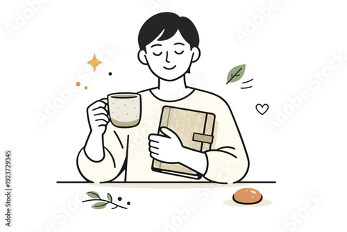 People with tactile textures and natural materials. A person holding a ceramic cup and a linen notebook, enjoying quiet interaction with