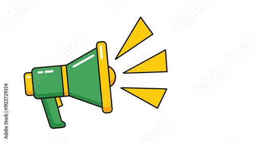 Vibrant green megaphone with yellow accents, emitting sound waves, symbolizing announcement, public address, and marketing communication.