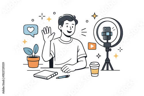 Daily life of social media creators. A person records a short video with a phone and ring light, maintaining a relaxed and confident posture. The illustration