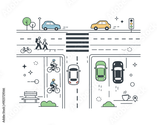 Busy city intersection with cars, cyclists, and pedestrians crossing the street