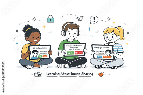 Interactive consent scenarios. Students using tablets with safe online role-play prompts about image sharing and permission. Hands-on digital