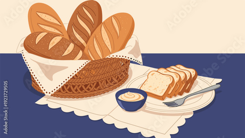 Rustic bread basket filled with various loaves, sliced bread on a plate, and a small bowl of butter, offering a wholesome meal.