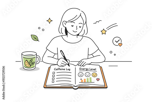 Caffeine journal routine. A person calmly noting caffeine intake and energy levels in a simple journal, next to a glass of water or herbal