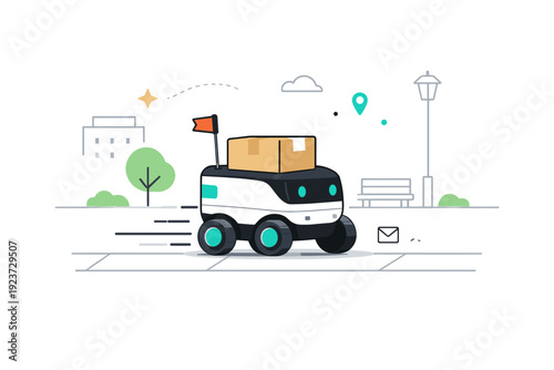 Delivery robot in action. A small wheeled robot carrying a package along a sidewalk, gentle motion lines and minimal city elements in the