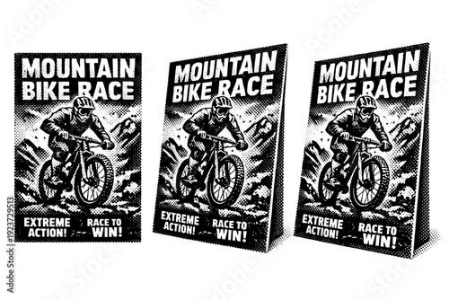 Mountain bike race poster competitive mountain biking race poster shown as a single object from three different angles: front view, angled