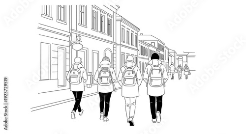 Monochrome sketch of people walking in urban street setting with backpacks