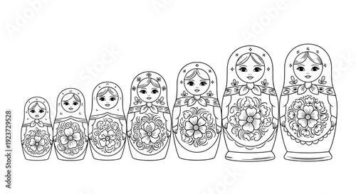 Intricate black and white russian nesting dolls line art with floral patterns