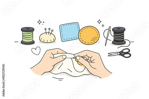 Sustainable fashion care routines. Minimal repair and mending setup with needle, thread, and fabric patches placed gently. Calm hands-on care