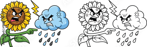 Angry Cartoon Sunflower and Storm Cloud Fighting with Outline Version