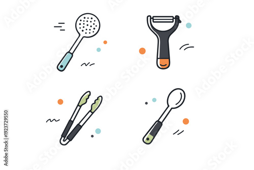 Minimalist Kitchenware Icons. Cooking utensils icon set. A minimal set of kitchenware icons including a slotted spoon, peeler, tongs, and mixing spoon arranged