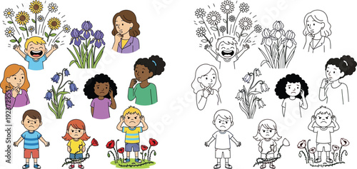 Children and Adults Expressing Various Emotions with Nature Elements Outline Included