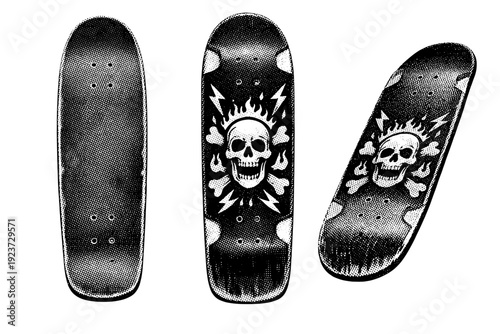 Skateboard deck art old school skateboard deck shown as a single object from three different angles: top view, bottom view, and three-quarter
