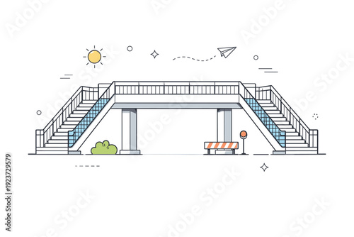 Underused urban infrastructure. A pedestrian overpass with no one crossing, visible stairs and rails in clean geometry. Functional form and