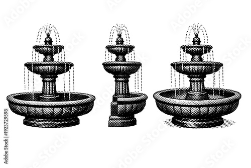 Black and white halftone vector set of fountain A town fountain is displayed as a single object shown from three different views: front view,