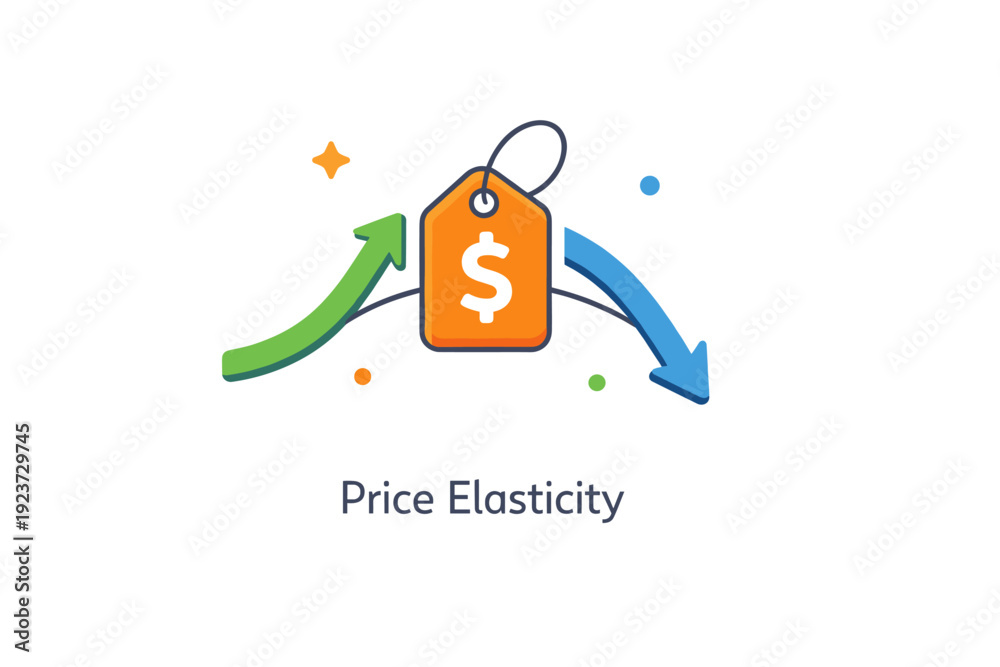 Fototapeta premium Price elasticity explaining how demand responds to change a simple price tag connected to an upward and downward curve with small arrows,