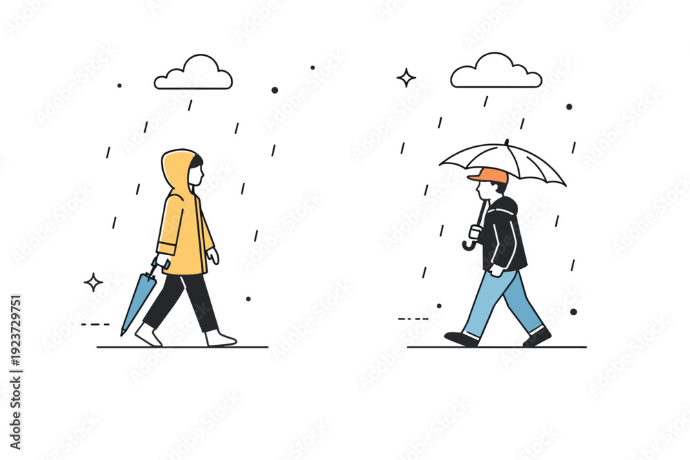Fototapeta premium Drizzle Walks Apart. Light drizzle walks. Two people walk separately in light rain, keeping distance, soft drops around them. Shared weather, independent