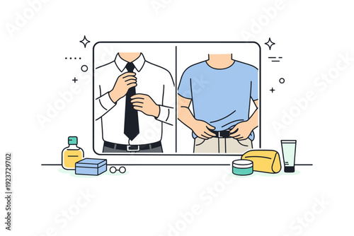 Mirrors without faces. Hands adjusting clothing in front of a mirror, only torso and objects reflected. Impersonal self-check within a