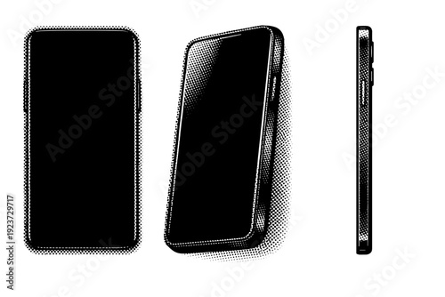 Smartphone silhouette, A modern touchscreen smartphone depicted as a single object set shown in three views including front view, angled