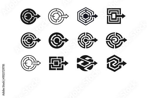 Navigating stress. Icon set. Set Logo of navigating stress: maze with exit. harmonious logo variations of the same emblematic concept, each with different