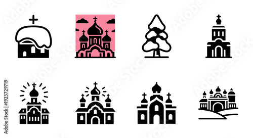 Minimalist church icons set with onion domes and simple tree design