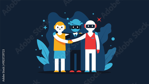 Diverse team of a woman, a VR headset-wearing man, and a friendly robot shaking hands, illustrating modern collaboration and technological integration.