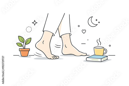 People barefoot moments. A person walks slowly barefoot indoors, gentle motion lines emphasizing careful steps. Feeling of softness and