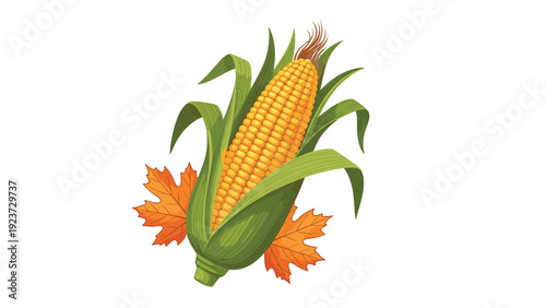 Vibrant ear of fresh yellow corn with green husks, accompanied by two colorful autumn maple leaves, symbolizing harvest and fall season.