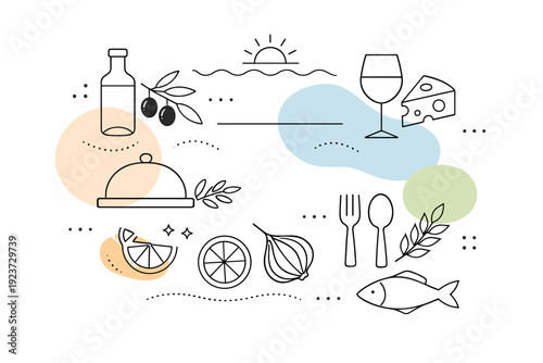 Food culture editorial background. Abstract culinary symbols and textures combined into a balanced modern composition. Calm lifestyle mood