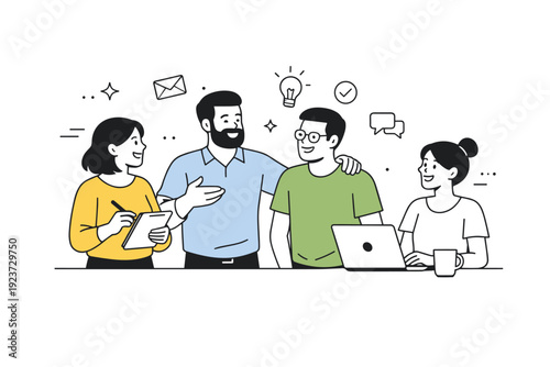 Positive team atmosphere. Colleagues smiling during a casual interaction, relaxed body language. Friendly workplace mood and mutual support