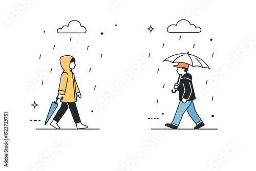 Drizzle Walks Apart. Light drizzle walks. Two people walk separately in light rain, keeping distance, soft drops around them. Shared weather, independent