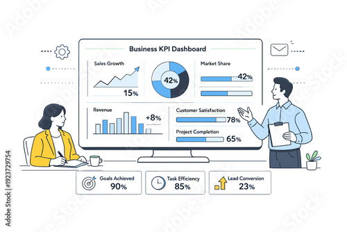 Business KPI monitoring. A desktop screen displaying graphs, progress bars, and percentage values. Organized information flow, confident