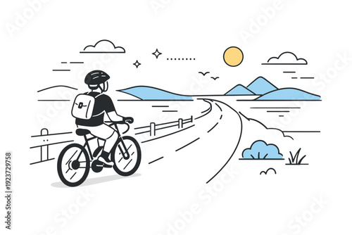 Cyclist's Roadside Pause. Looking at passing scenery. Cyclist paused on a roadside, watching the road and landscape stretch ahead. Slow travel feeling, quiet