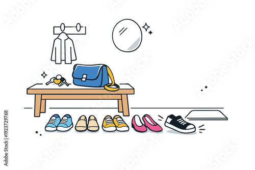 Almost tidy rooms. Entryway with shoes neatly lined up except for one turned sideways, keys and bag gently dropped on a bench. Everyday