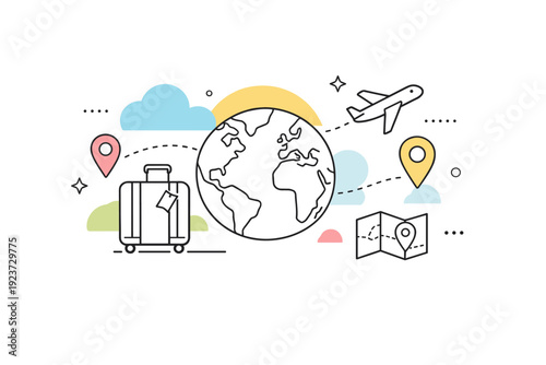 Global adventure backdrop. Simplified travel icons like suitcase, airplane, and location pins combined with soft abstract shapes. Calm and
