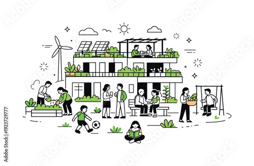 Community-focused green architecture. People interact around a shared eco-building with gardens, terraces, and open spaces. The scene