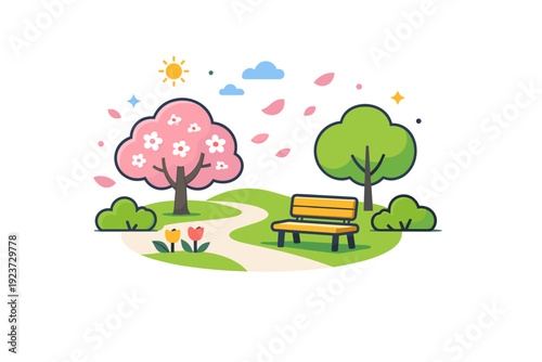 Springtime outdoor walk quiet park scenery with trees in bloom and light decorative petals in the air, symbolizing renewal, calm and everyday wellness.