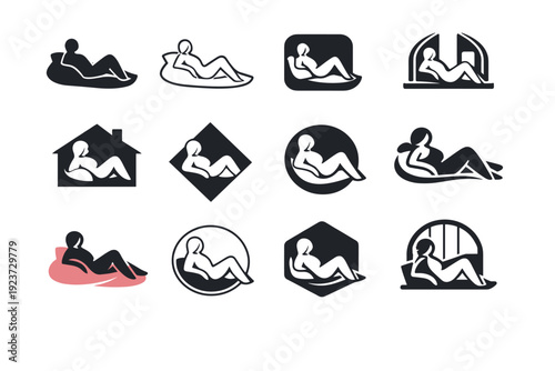 Chic Loungewear Icon Grid. A person lounging at home in a chic loungewear set. Icon set. Set Logo of A person lounging at home in a chic loungewear set: cozy