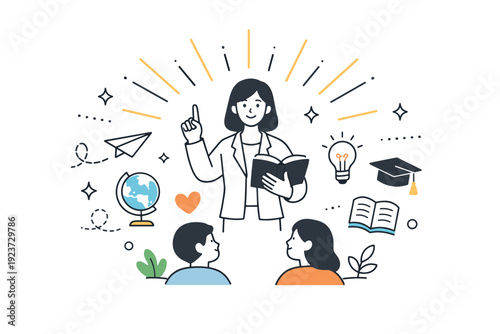 Education gratitude metaphor. A teacher as a guiding figure with light rays and abstract shapes around, symbolizing inspiration and impact. Soft, optimistic