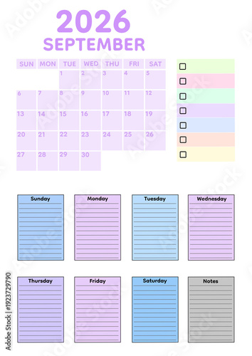 September 2026 printable monthly calendar designed in soft pastel purple and baby blue tones. Features a clean Sunday-start grid layout, structured weekly planner sheets, task checklist boxes