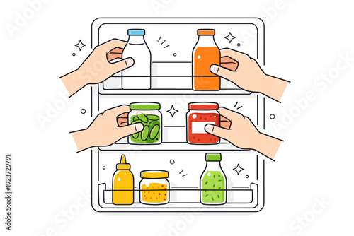 Organizing groceries in the fridge door. Hands placing bottles and jars into door shelves after shopping. Simple routine, mindful