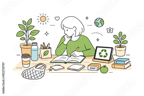 Sustainable Study Setup. Eco-conscious student routine. A student studying at a desk with sustainable supplies, plants nearby, and minimal waste items. The