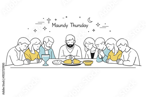 Maundy Thursday. Group gathered around a long table in calm communion, heads bowed in silence or prayer. Visual story of unity, tradition,