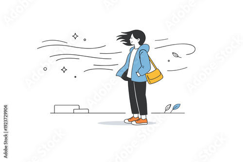 People in wind movement. A person paused on a sidewalk as wind streams past, hair and loose clothing flowing horizontally. Transitional