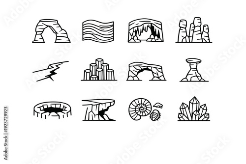 Geological Icon Set. Geological Wonders. Line icon set of Geological Wonders: rock arch, layered strata, limestone cave, stone pillars, fault line crack,